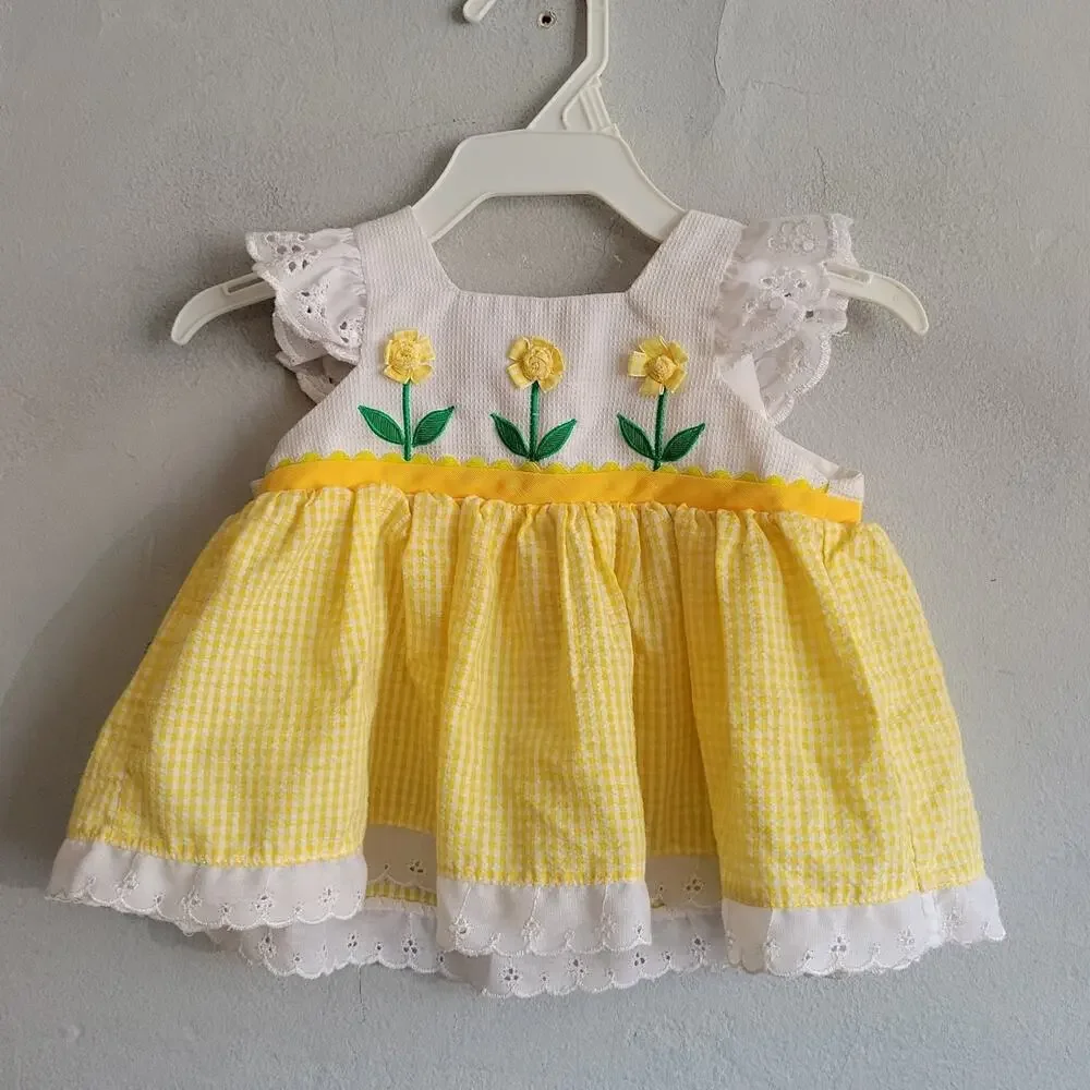 Vintage 1980s baby girl's 3-6 months Little Bitty dress yellow gingham w/flowers